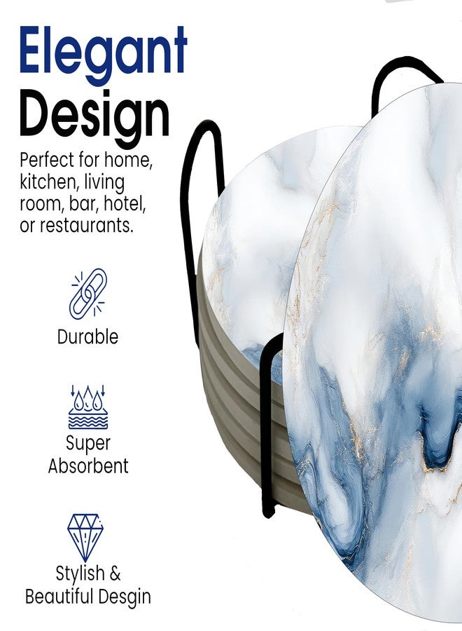 DAJDC White Agate Marble Round Coasters Set of 6 - Abosrbent Ceramic Coasters with Metal Stand for Drinks, Coffee, Non-Slip Cork Back for Tabletop Protection, 4 Inches Marbled Pattern (Agate) - Image 3